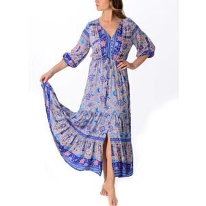 Walker & Wade Boho Maxi Dress Blue Pink Floral Print V-Neck Kaftan Style Size L